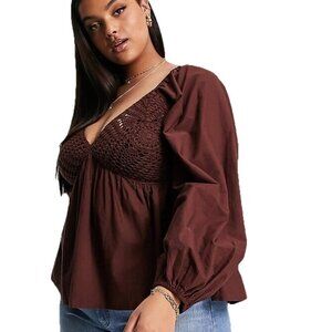 Asos Design Curve Crochet V Neck Frill Sleeve Blouse Women 14